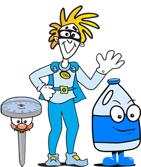 Food Worker Program mascot with a bottle cartoon on the right side and a food thermometer on the left.